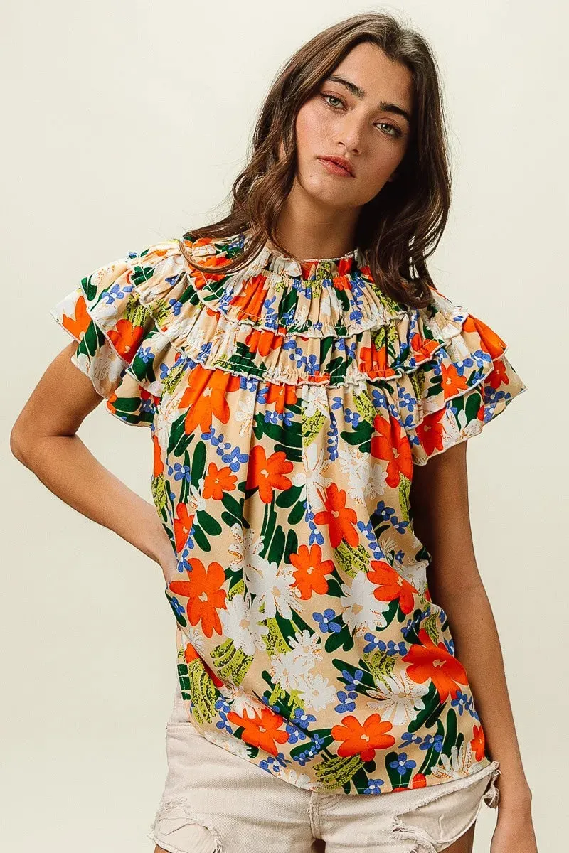 BiBi Multi Color Floral Print Woven Top In Cream