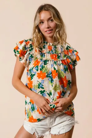 BiBi Multi Color Floral Print Woven Top In Cream