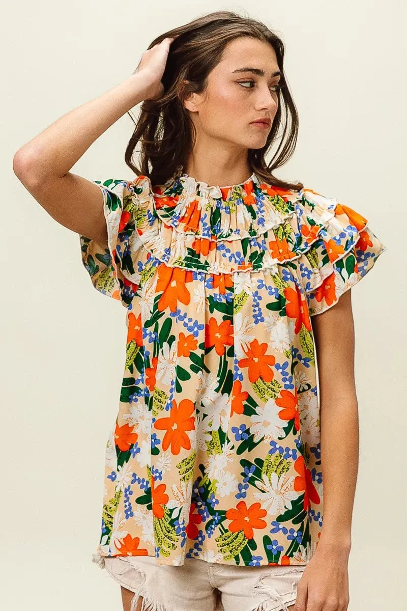 BiBi Multi Color Floral Print Woven Top In Cream