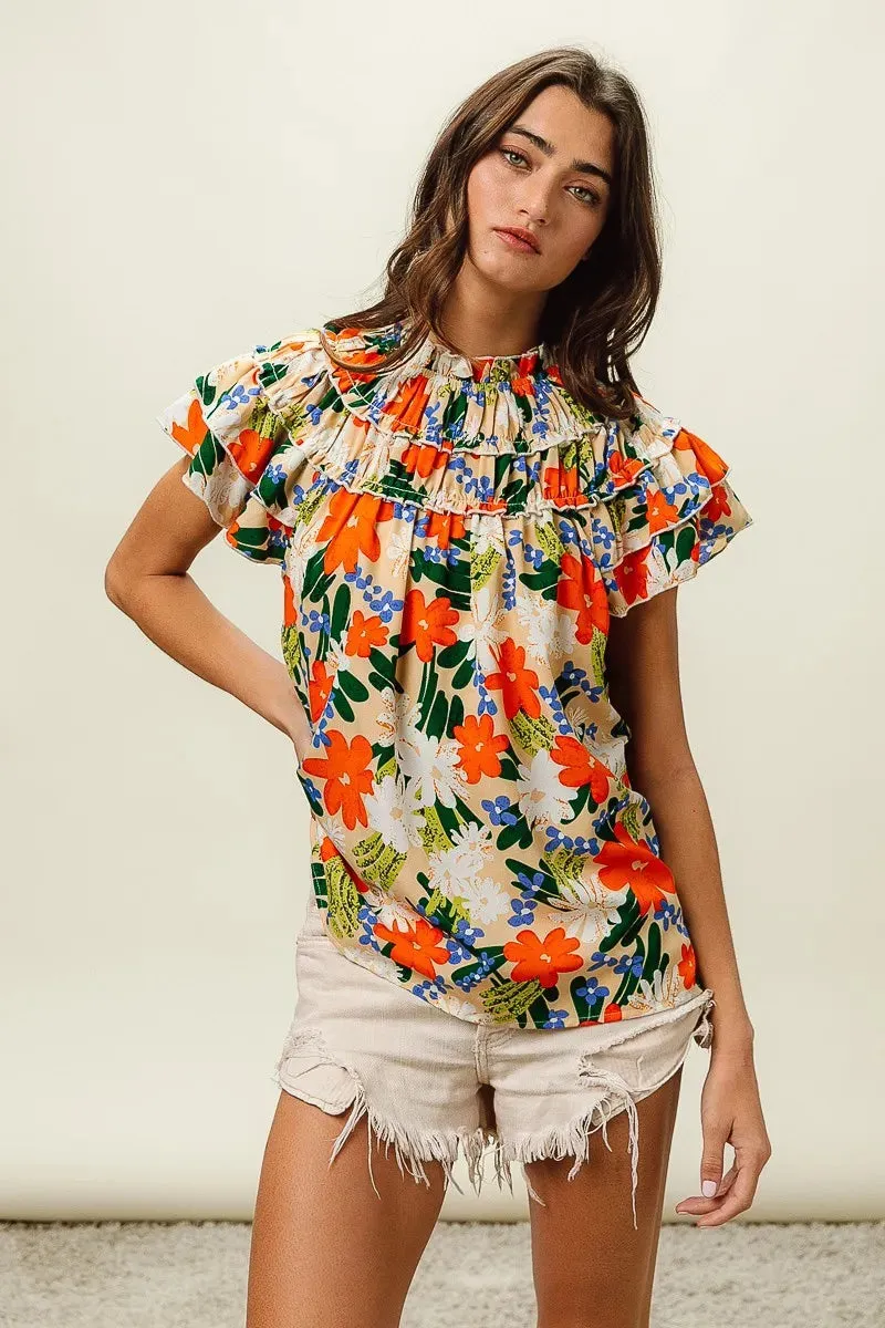 BiBi Multi Color Floral Print Woven Top In Cream