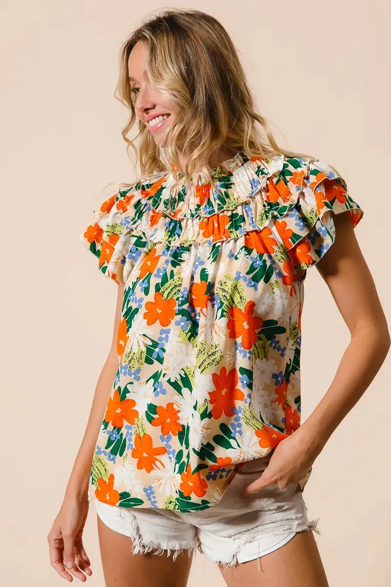 BiBi Multi Color Floral Print Woven Top In Cream