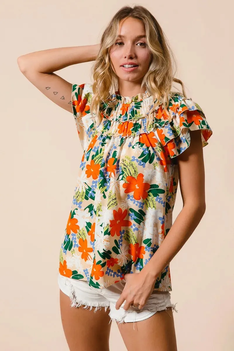 BiBi Multi Color Floral Print Woven Top In Cream