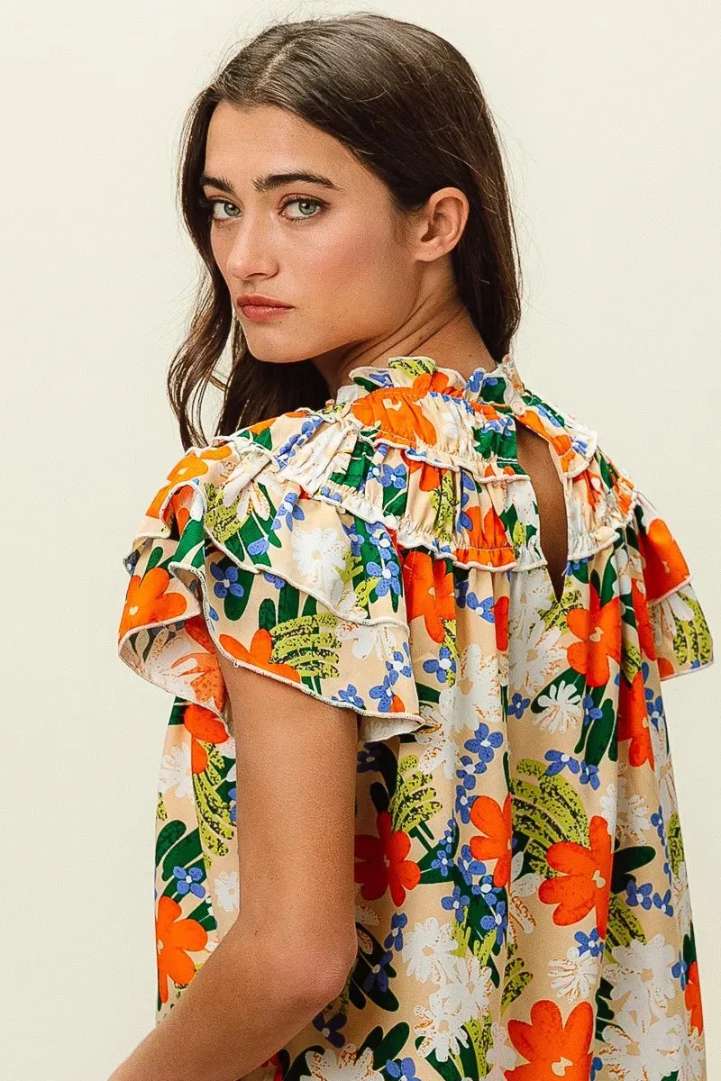 BiBi Multi Color Floral Print Woven Top In Cream