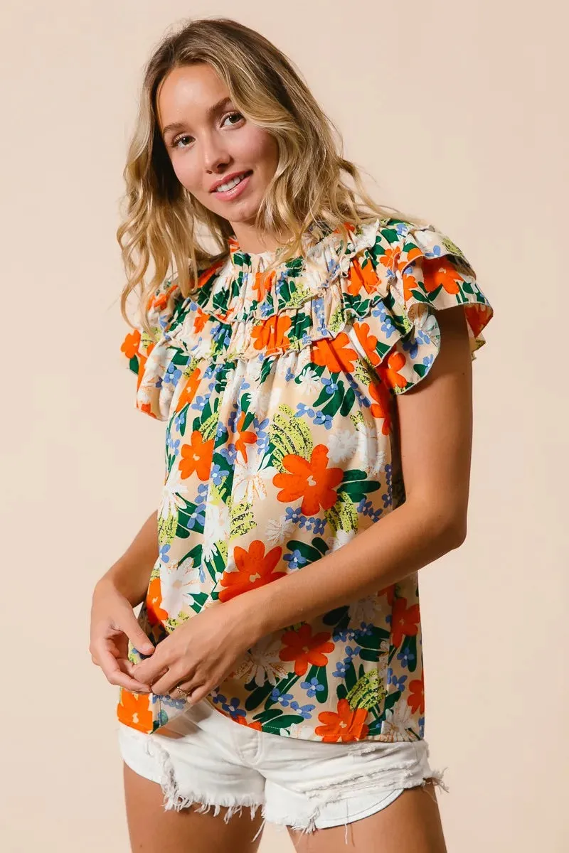 BiBi Multi Color Floral Print Woven Top In Cream