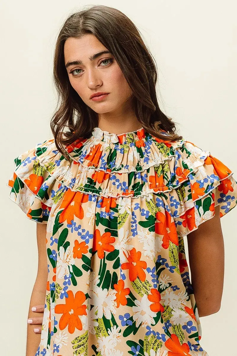 BiBi Multi Color Floral Print Woven Top In Cream