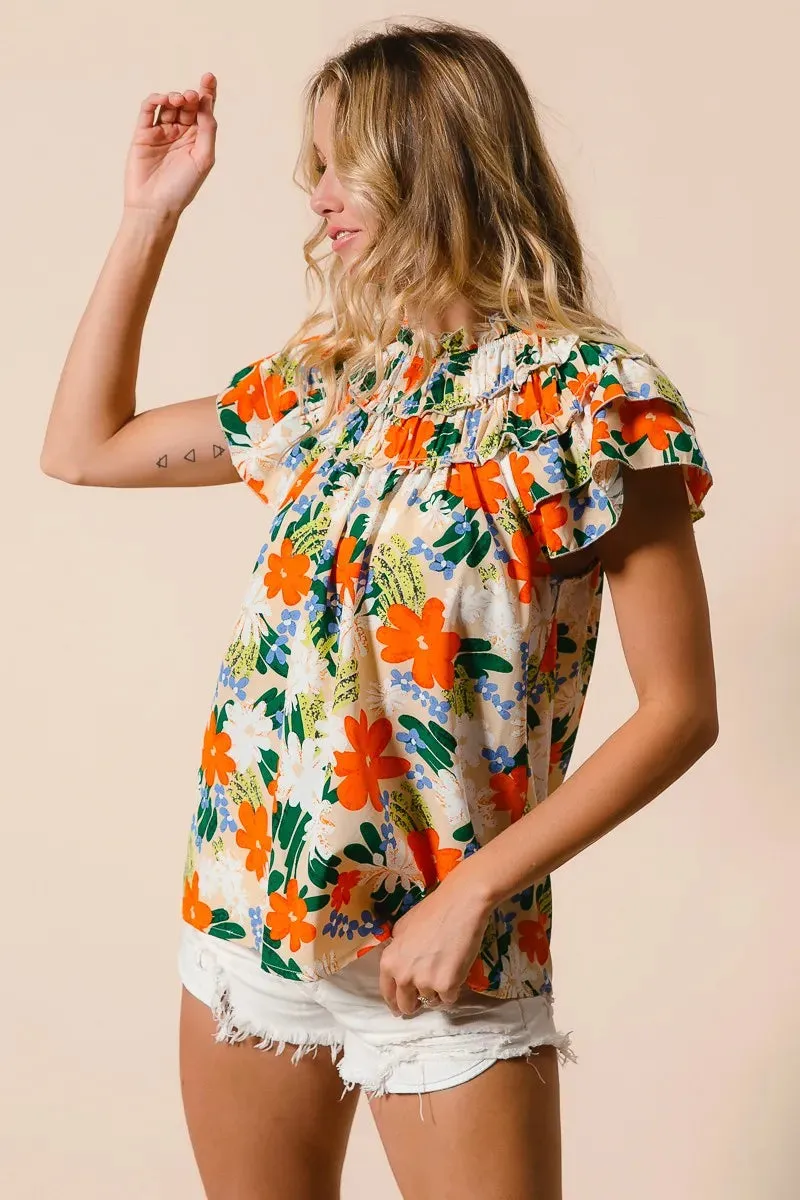 BiBi Multi Color Floral Print Woven Top In Cream