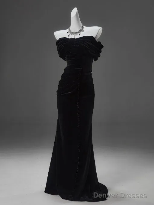 Black Mermaid Off-The-Shoulder Velvet Long Prom Dress, Elegant Quinceanera Dress