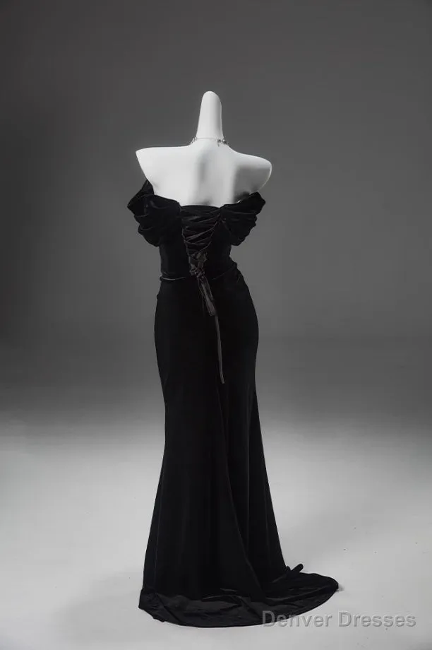 Black Mermaid Off-The-Shoulder Velvet Long Prom Dress, Elegant Quinceanera Dress