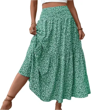 Boho Long Skirts for Women High Elastic Waist Midi Skirt Casual Summer Trendy Tie Ruffle Floral Print A line Skirts