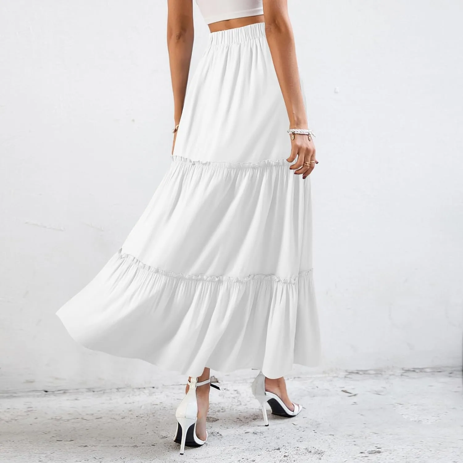 BOMAROLAN Women's Maxi Skirts Summer Elastic High Waist Boho Flowy Skirt A Line Long Skirts Ruffle Swing Beach Skirts