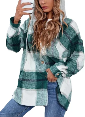 Bozanly Women's Oversized Flannel Plaid Shacket Jacket with Hood Long Sleeve Button Down Shirts Hoodie