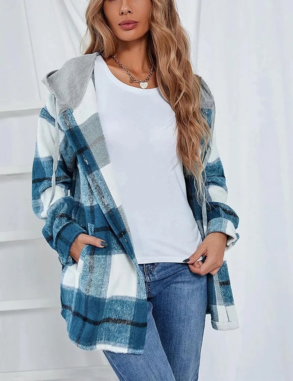 Bozanly Women's Oversized Flannel Plaid Shacket Jacket with Hood Long Sleeve Button Down Shirts Hoodie