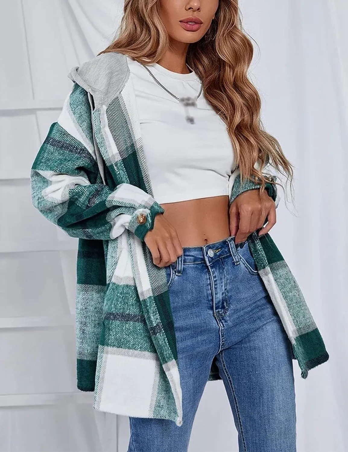 Bozanly Women's Oversized Flannel Plaid Shacket Jacket with Hood Long Sleeve Button Down Shirts Hoodie