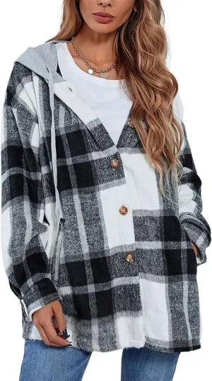 Bozanly Women's Oversized Flannel Plaid Shacket Jacket with Hood Long Sleeve Button Down Shirts Hoodie
