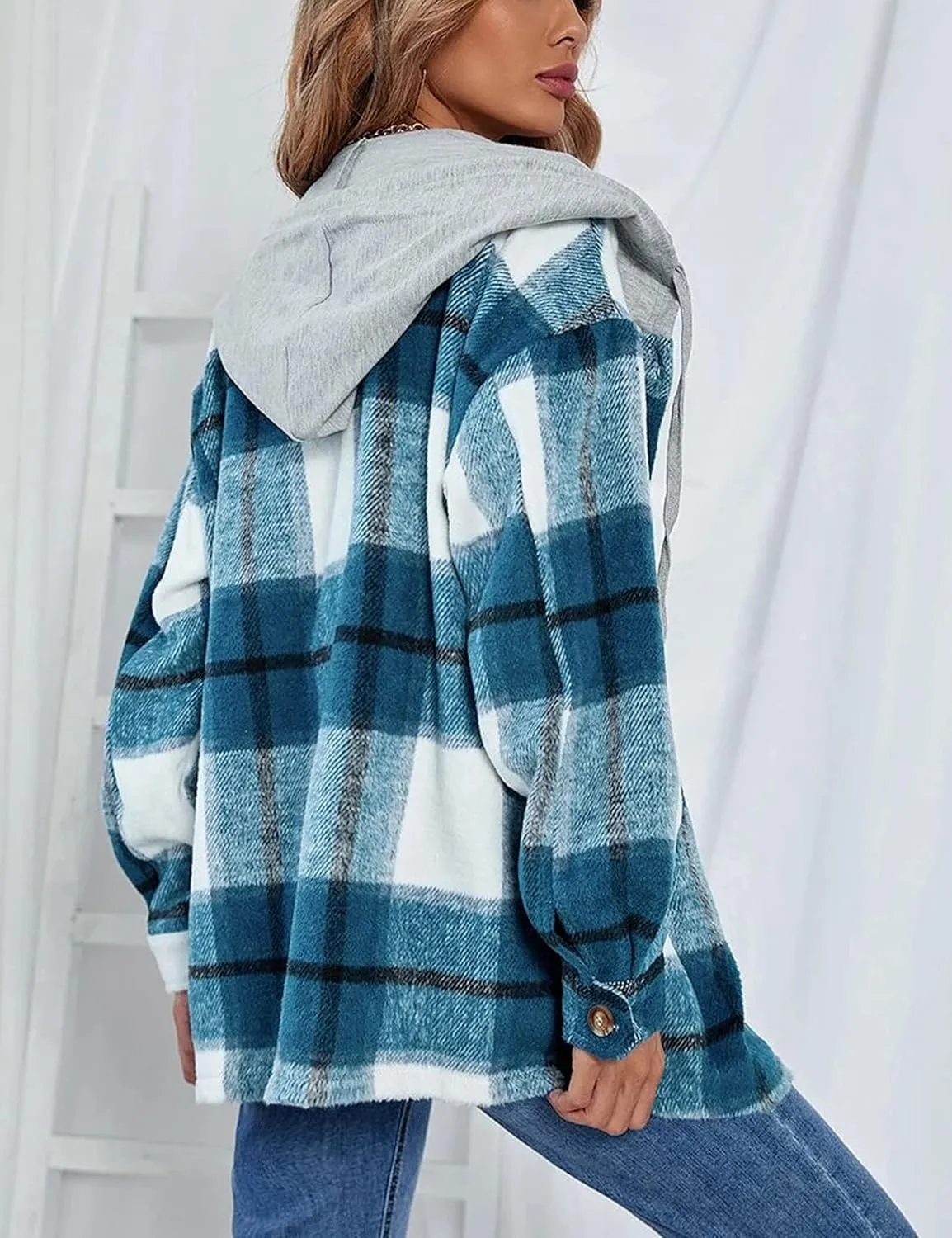 Bozanly Women's Oversized Flannel Plaid Shacket Jacket with Hood Long Sleeve Button Down Shirts Hoodie