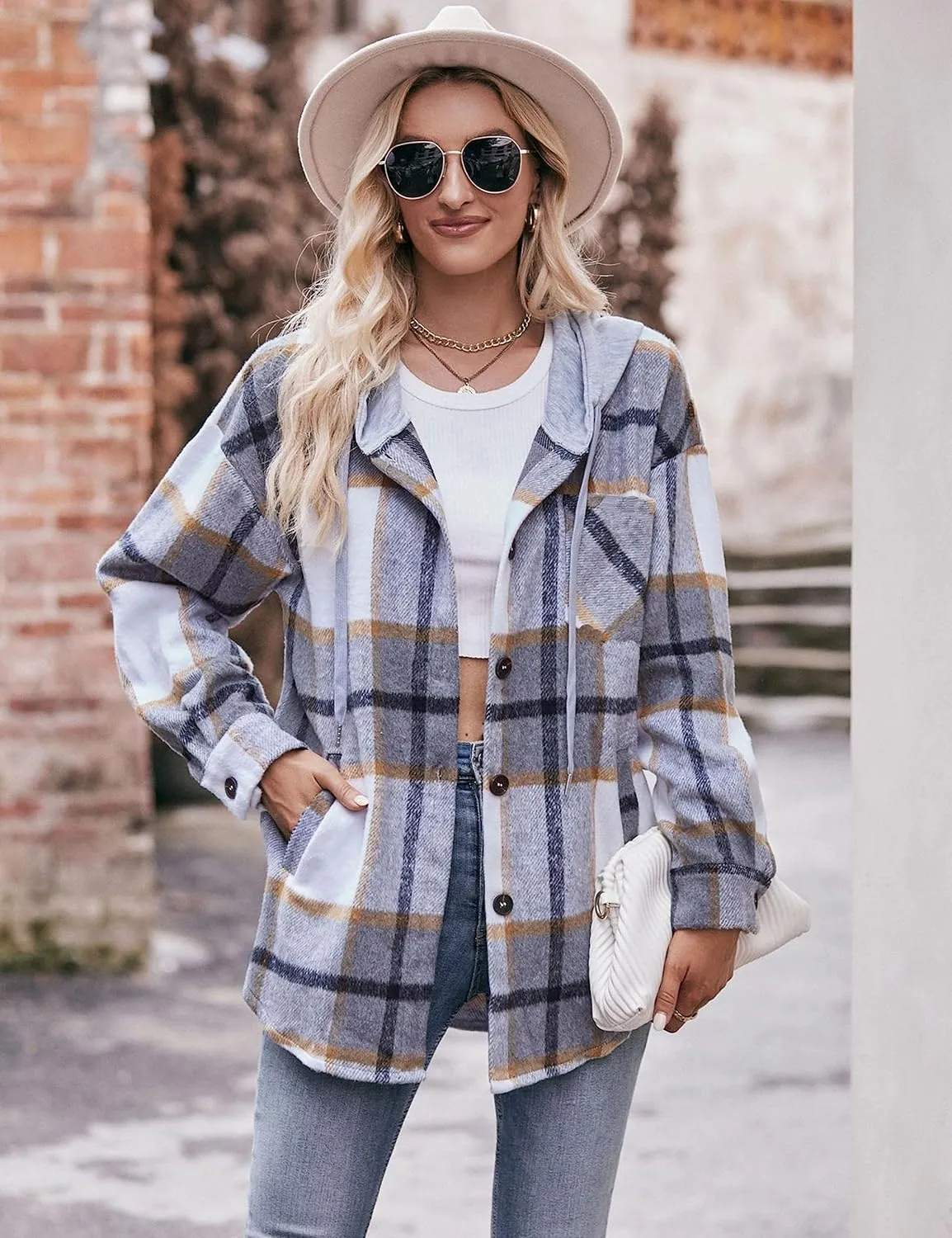 Bozanly Women's Oversized Flannel Plaid Shacket Jacket with Hood Long Sleeve Button Down Shirts Hoodie