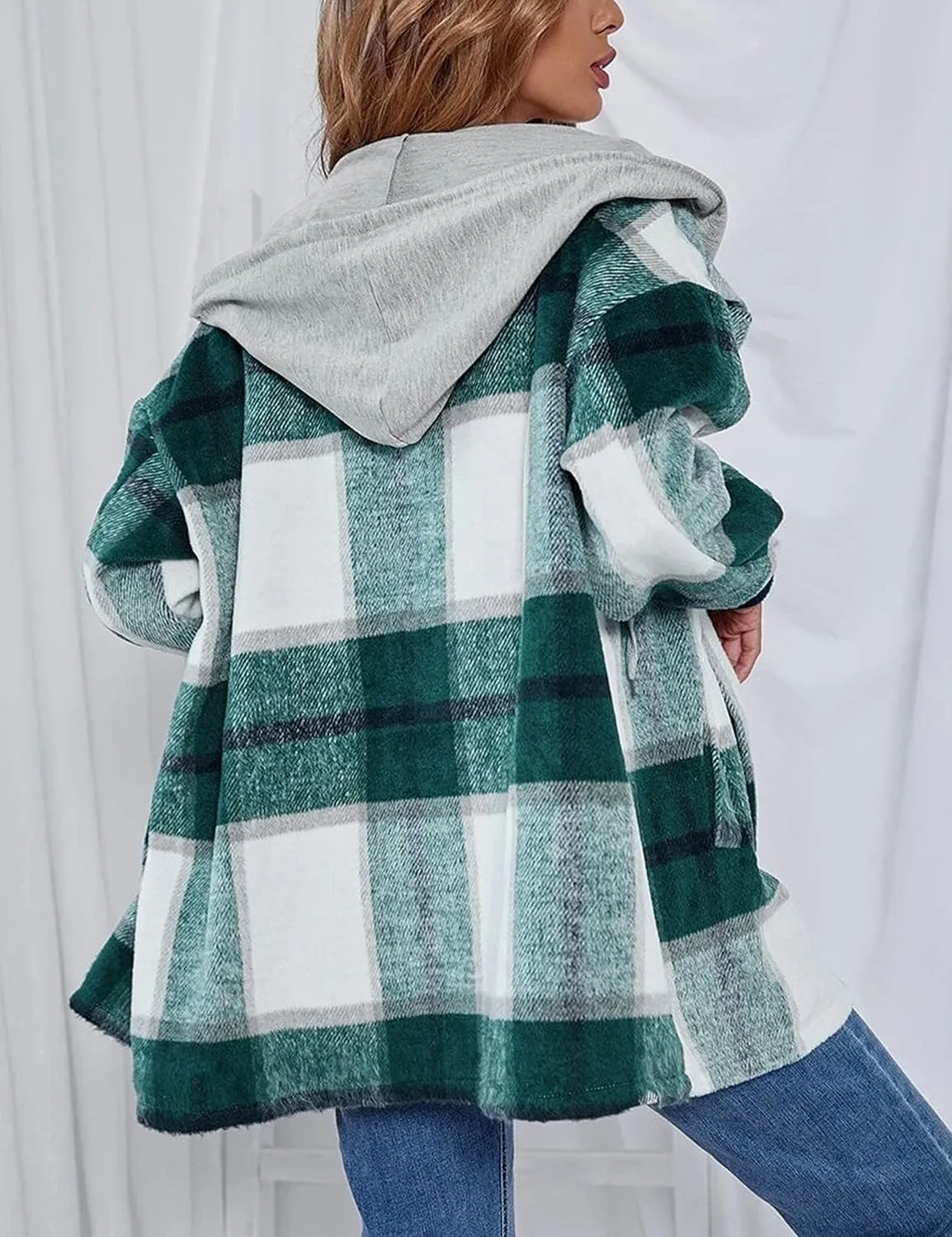Bozanly Women's Oversized Flannel Plaid Shacket Jacket with Hood Long Sleeve Button Down Shirts Hoodie