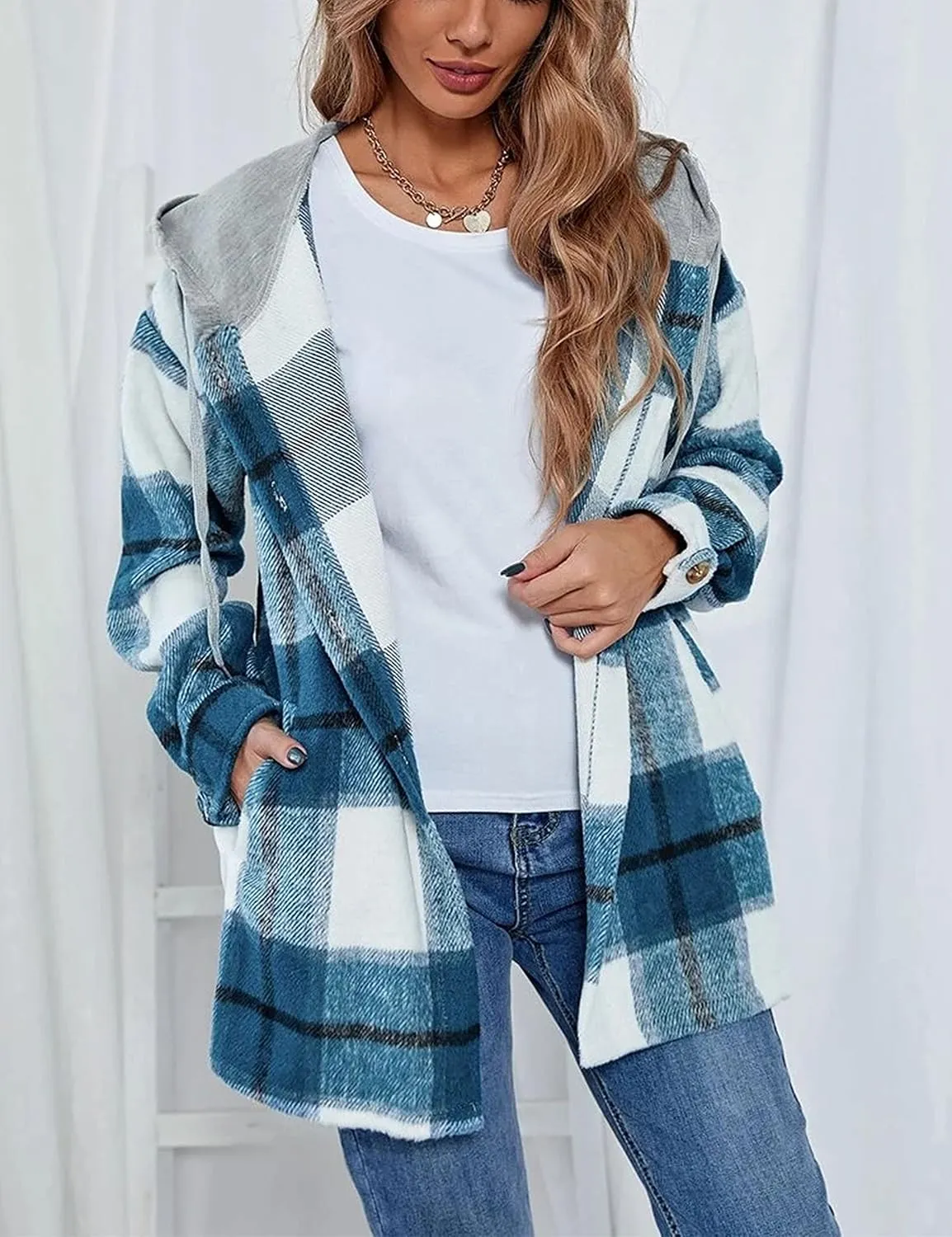 Bozanly Women's Oversized Flannel Plaid Shacket Jacket with Hood Long Sleeve Button Down Shirts Hoodie
