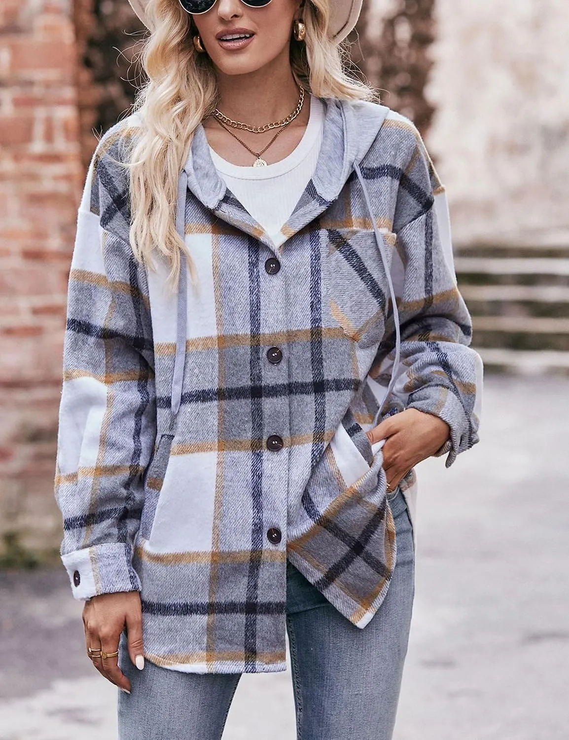 Bozanly Women's Oversized Flannel Plaid Shacket Jacket with Hood Long Sleeve Button Down Shirts Hoodie