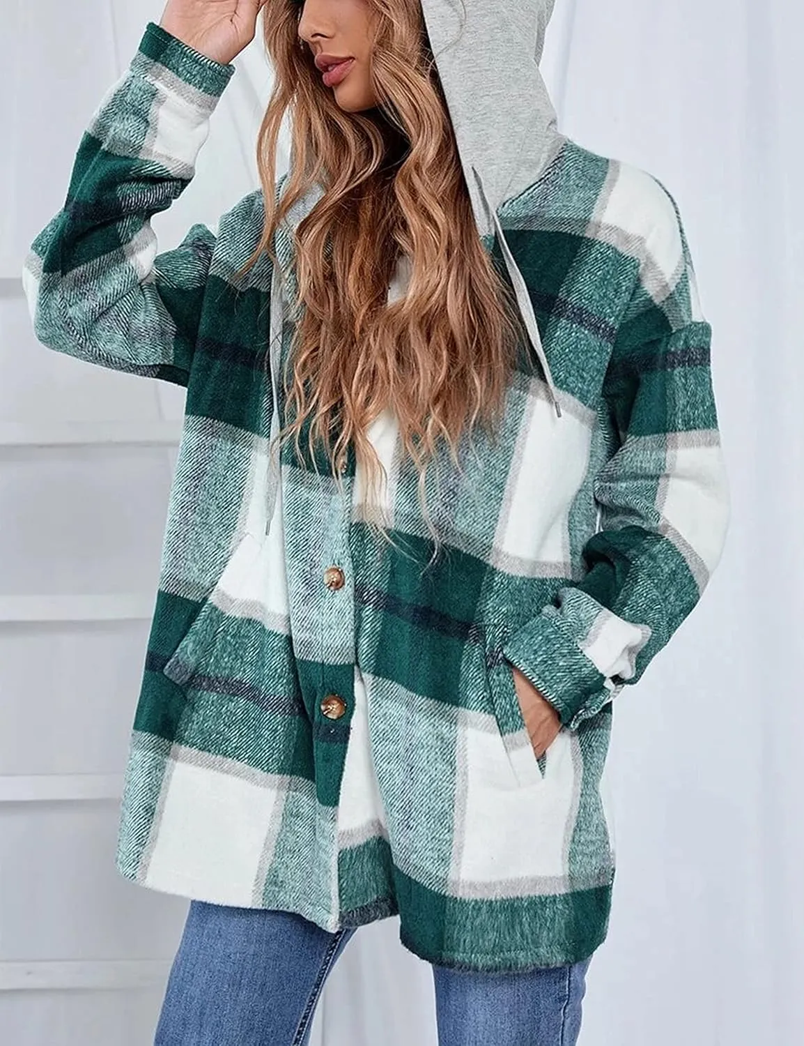 Bozanly Women's Oversized Flannel Plaid Shacket Jacket with Hood Long Sleeve Button Down Shirts Hoodie