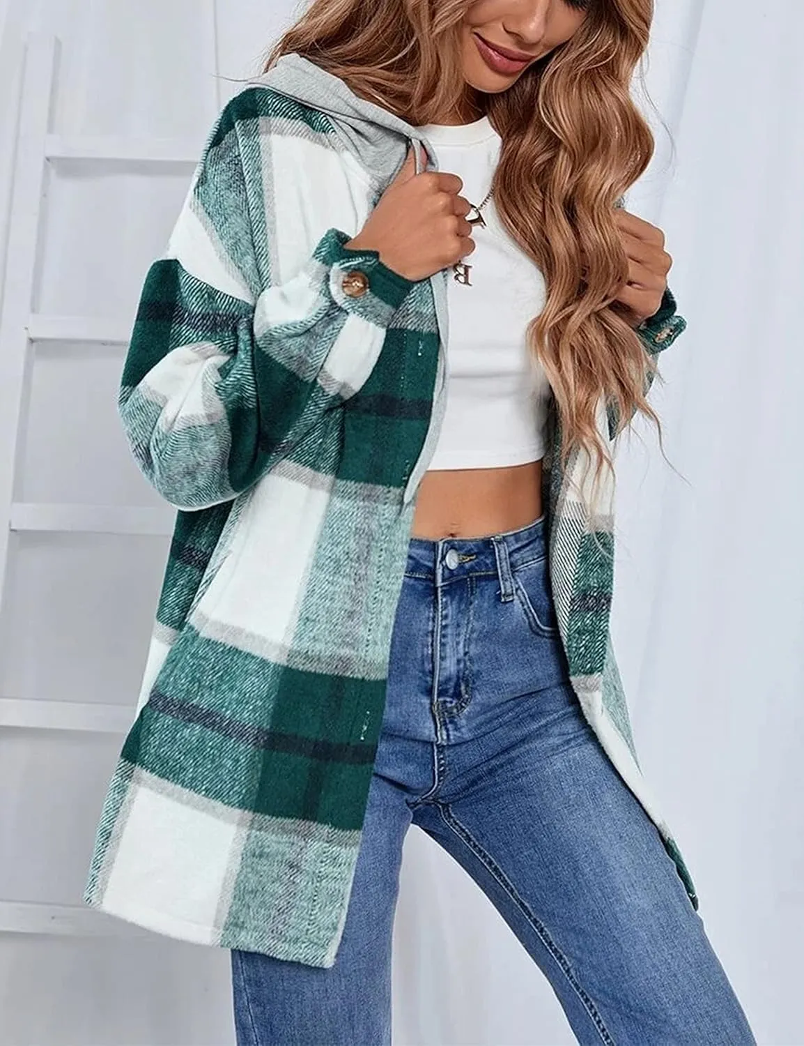 Bozanly Women's Oversized Flannel Plaid Shacket Jacket with Hood Long Sleeve Button Down Shirts Hoodie