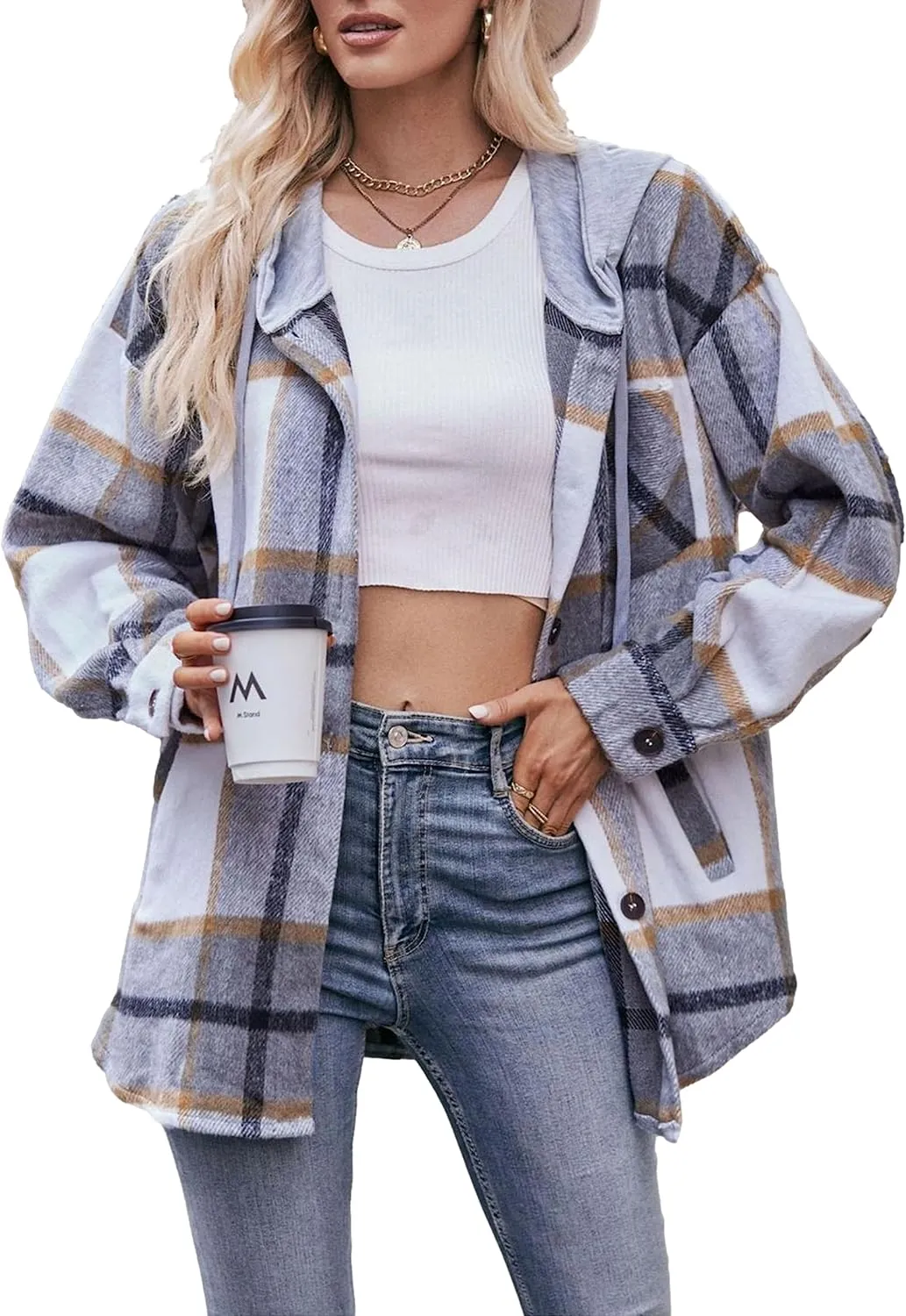 Bozanly Women's Oversized Flannel Plaid Shacket Jacket with Hood Long Sleeve Button Down Shirts Hoodie