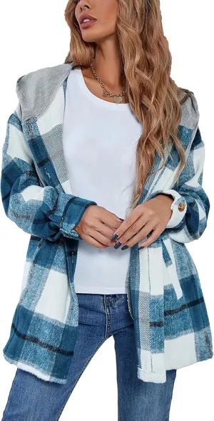 Bozanly Women's Oversized Flannel Plaid Shacket Jacket with Hood Long Sleeve Button Down Shirts Hoodie