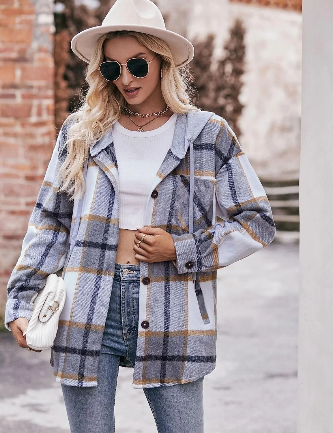 Bozanly Women's Oversized Flannel Plaid Shacket Jacket with Hood Long Sleeve Button Down Shirts Hoodie