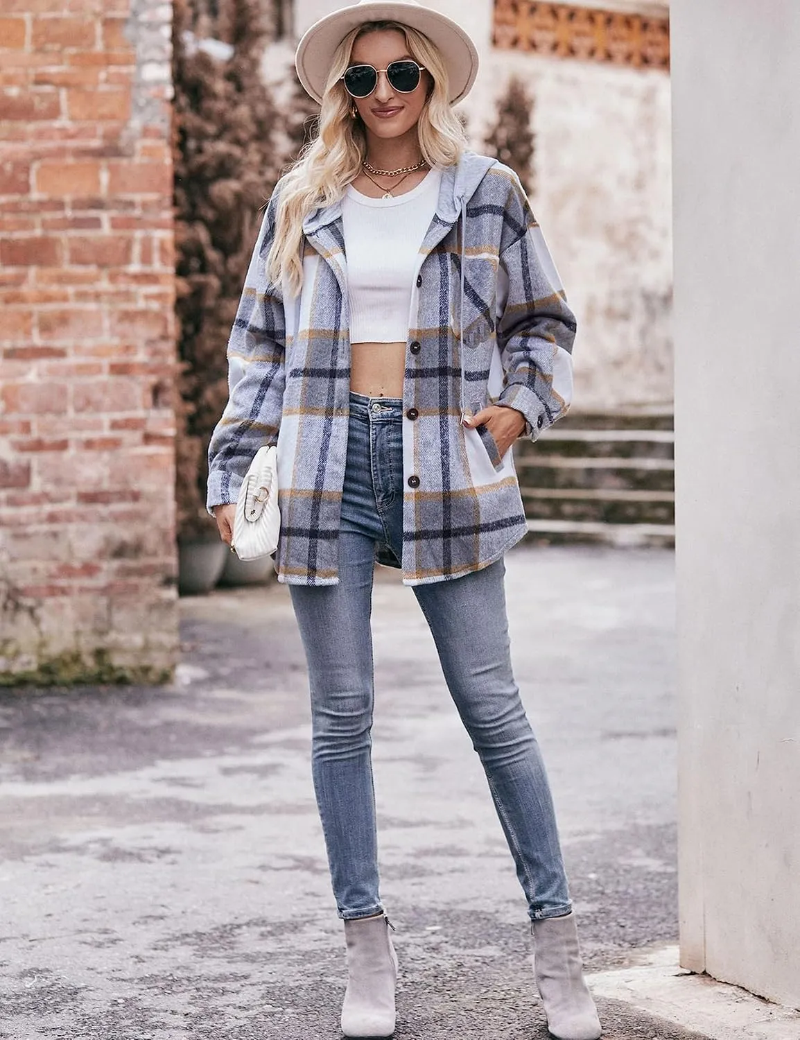 Bozanly Women's Oversized Flannel Plaid Shacket Jacket with Hood Long Sleeve Button Down Shirts Hoodie