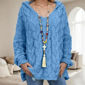 Cable Knit Pullover Sweater Oversized V Neck Long Sleeve Hooded Sweater Causal Chunky Hoodie Jumper Top for Women