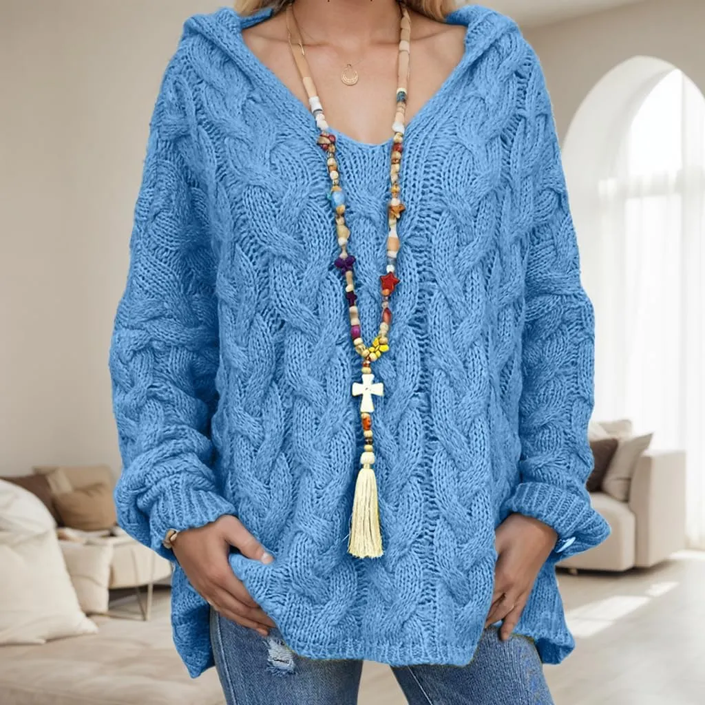 Cable Knit Pullover Sweater Oversized V Neck Long Sleeve Hooded Sweater Causal Chunky Hoodie Jumper Top for Women