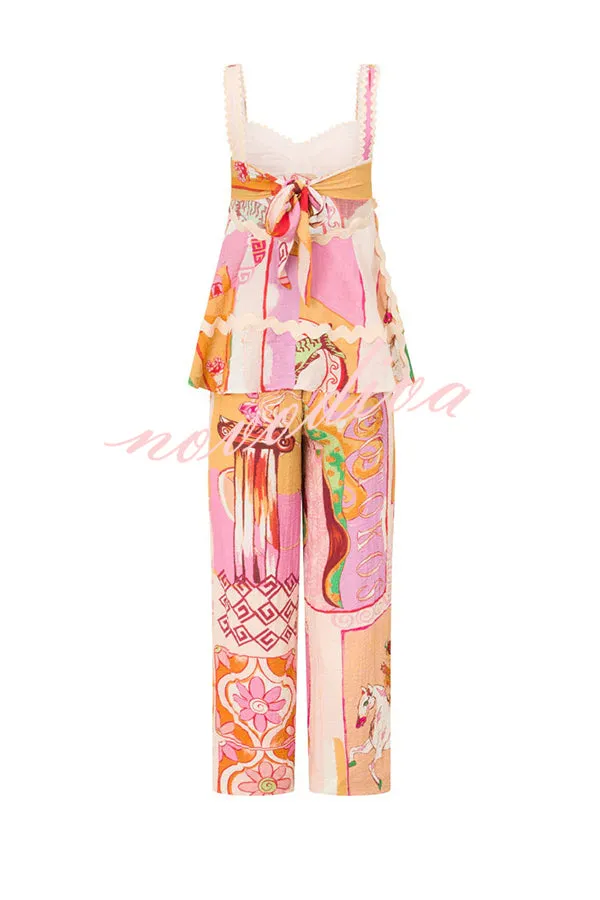 Carina Linen Blend Ric Rac Trims Unique Print Tank and Elastic Waist Loose Pants Set