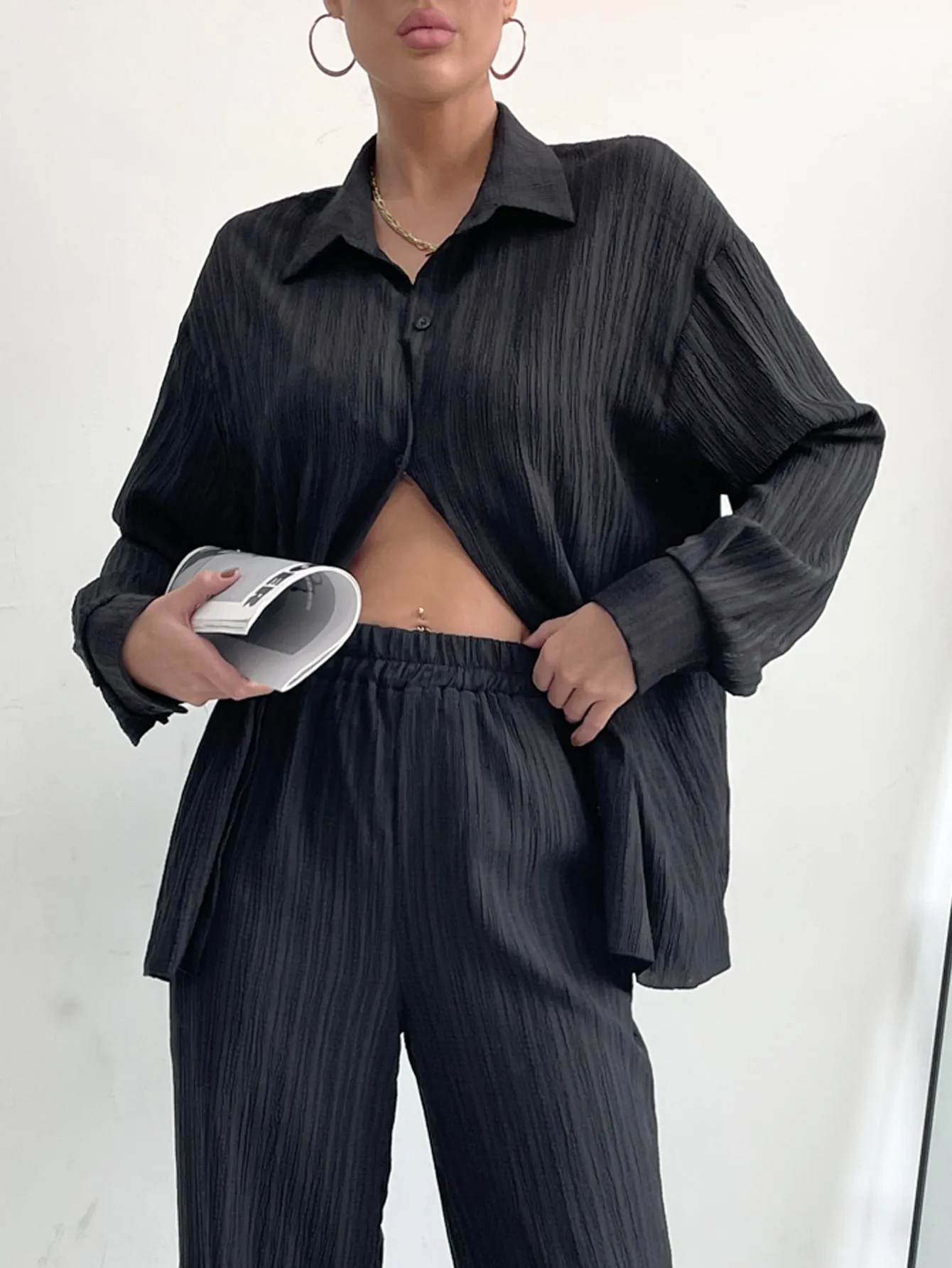 Casual Plain Button Front Long Sleeve Collar Women Two-Piece Outfits