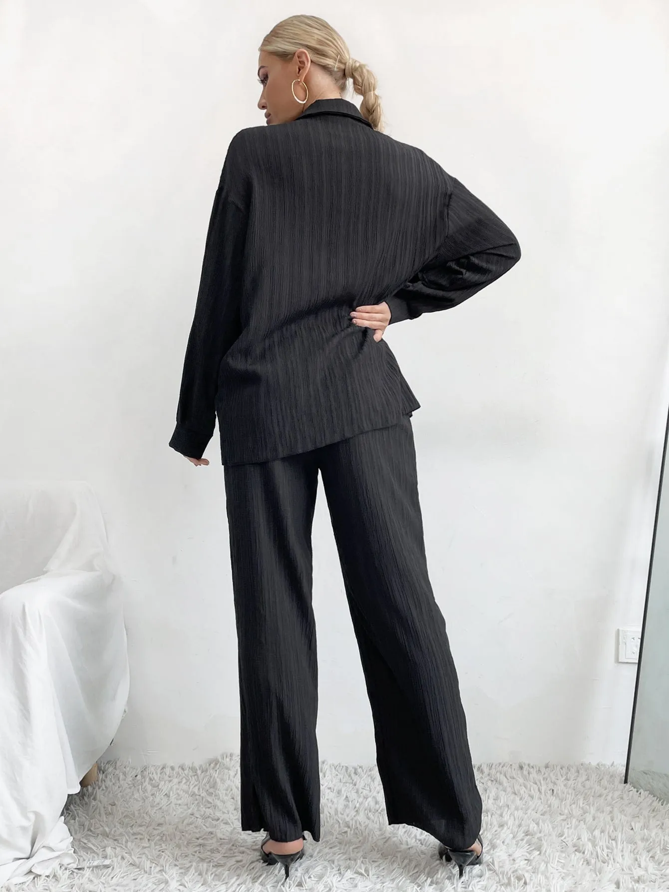 Casual Plain Button Front Long Sleeve Collar Women Two-Piece Outfits
