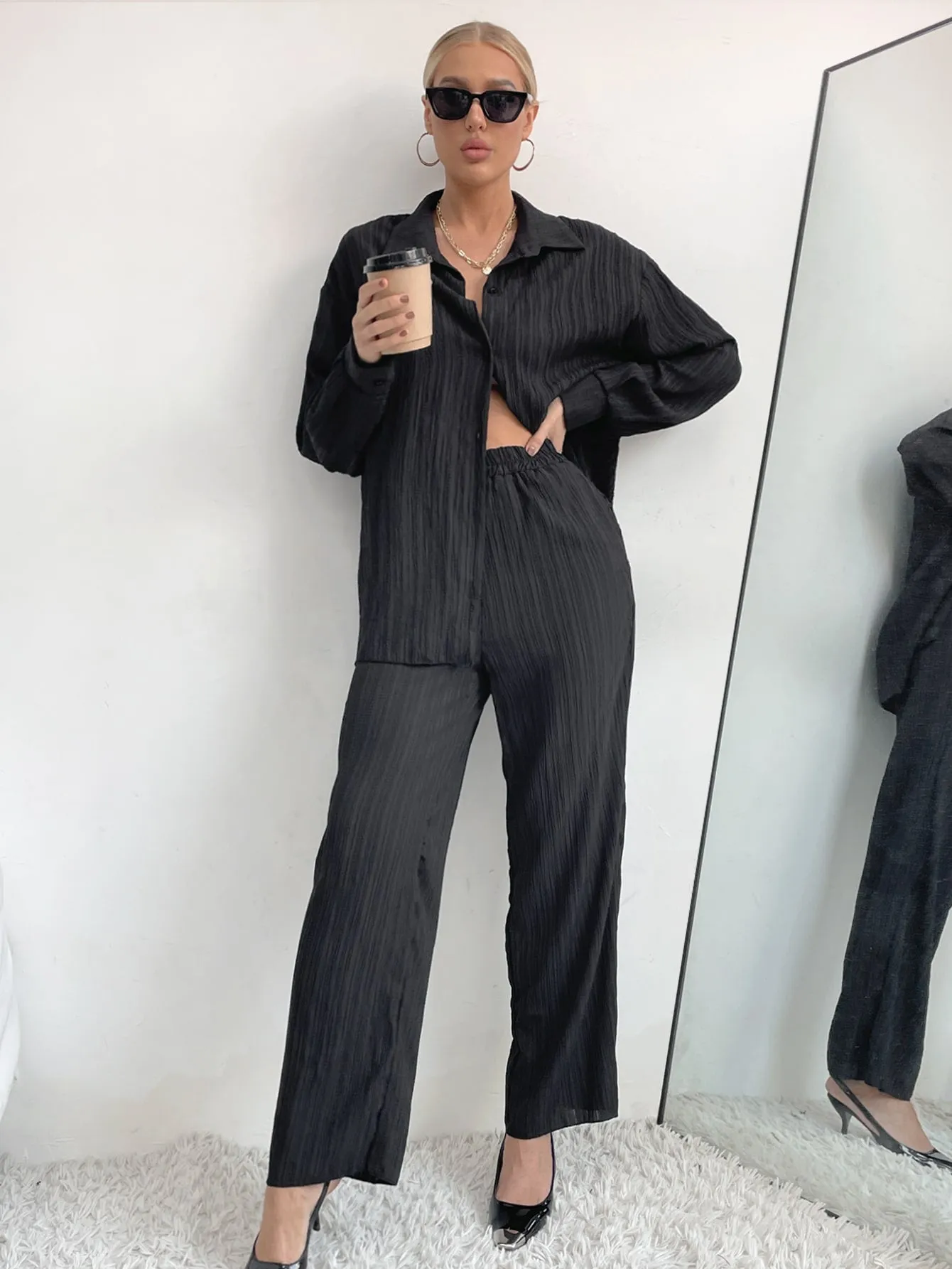 Casual Plain Button Front Long Sleeve Collar Women Two-Piece Outfits