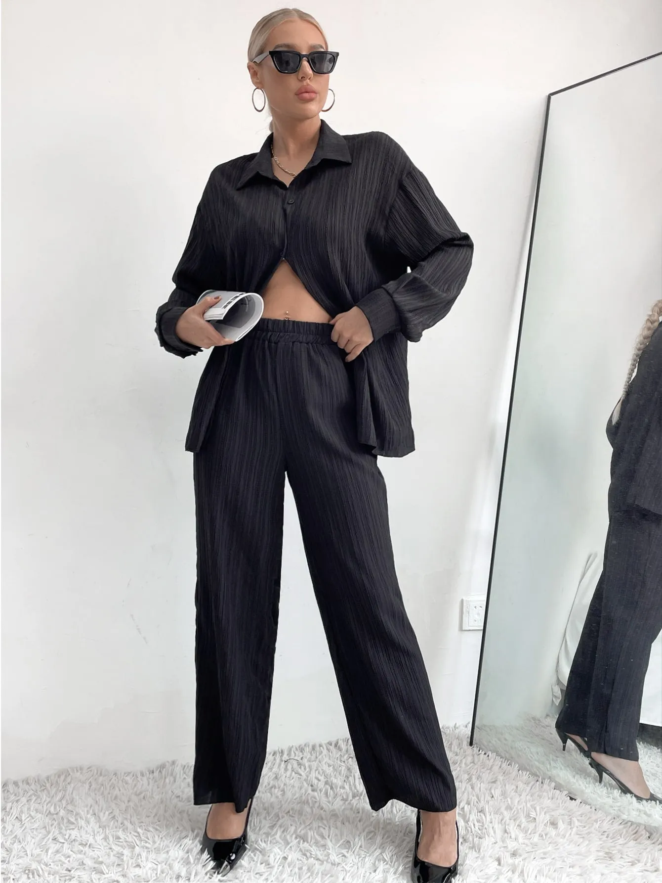 Casual Plain Button Front Long Sleeve Collar Women Two-Piece Outfits