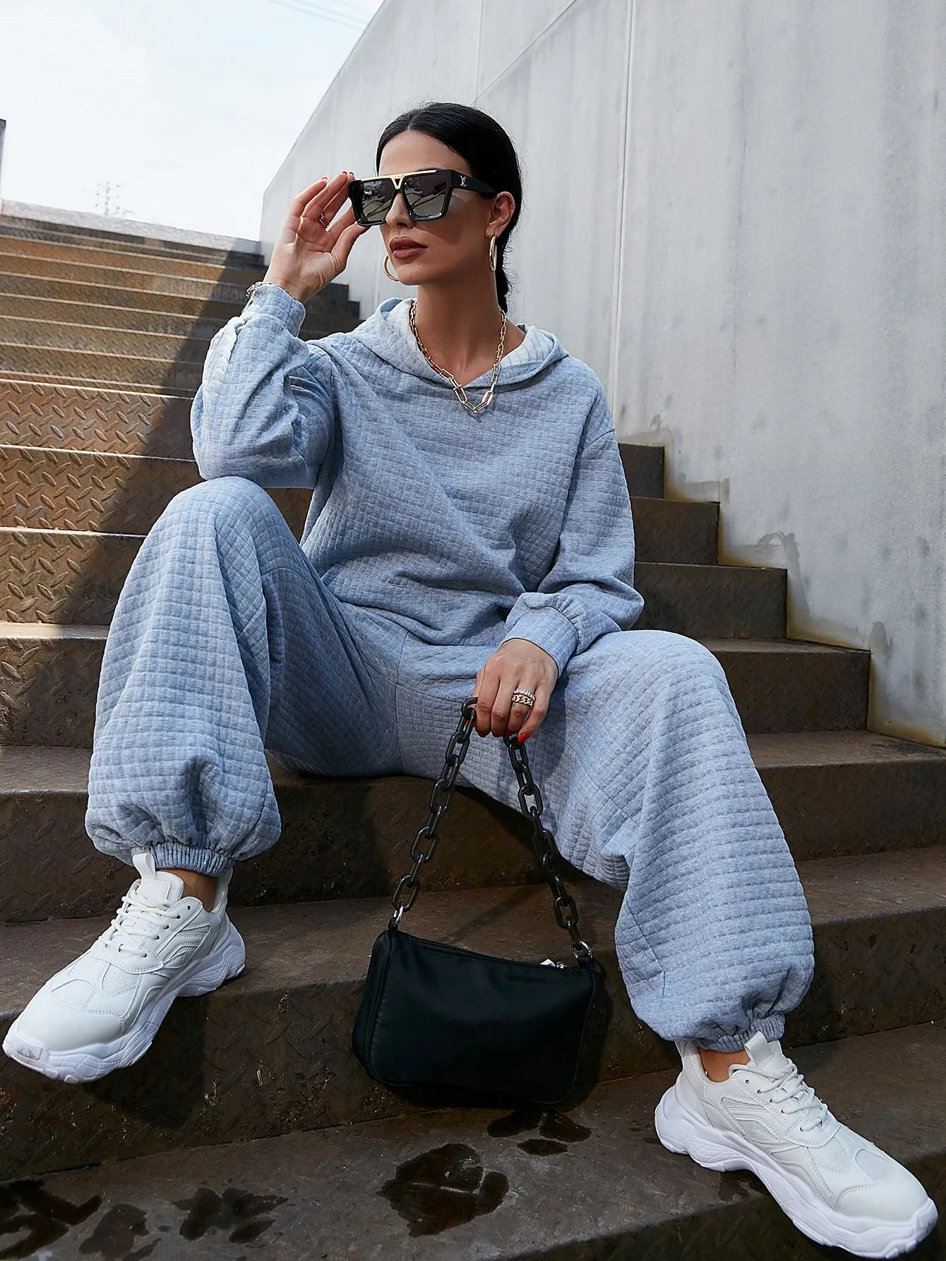 Casual Plain Long Sleeve Hooded Women Two-Piece Outfits