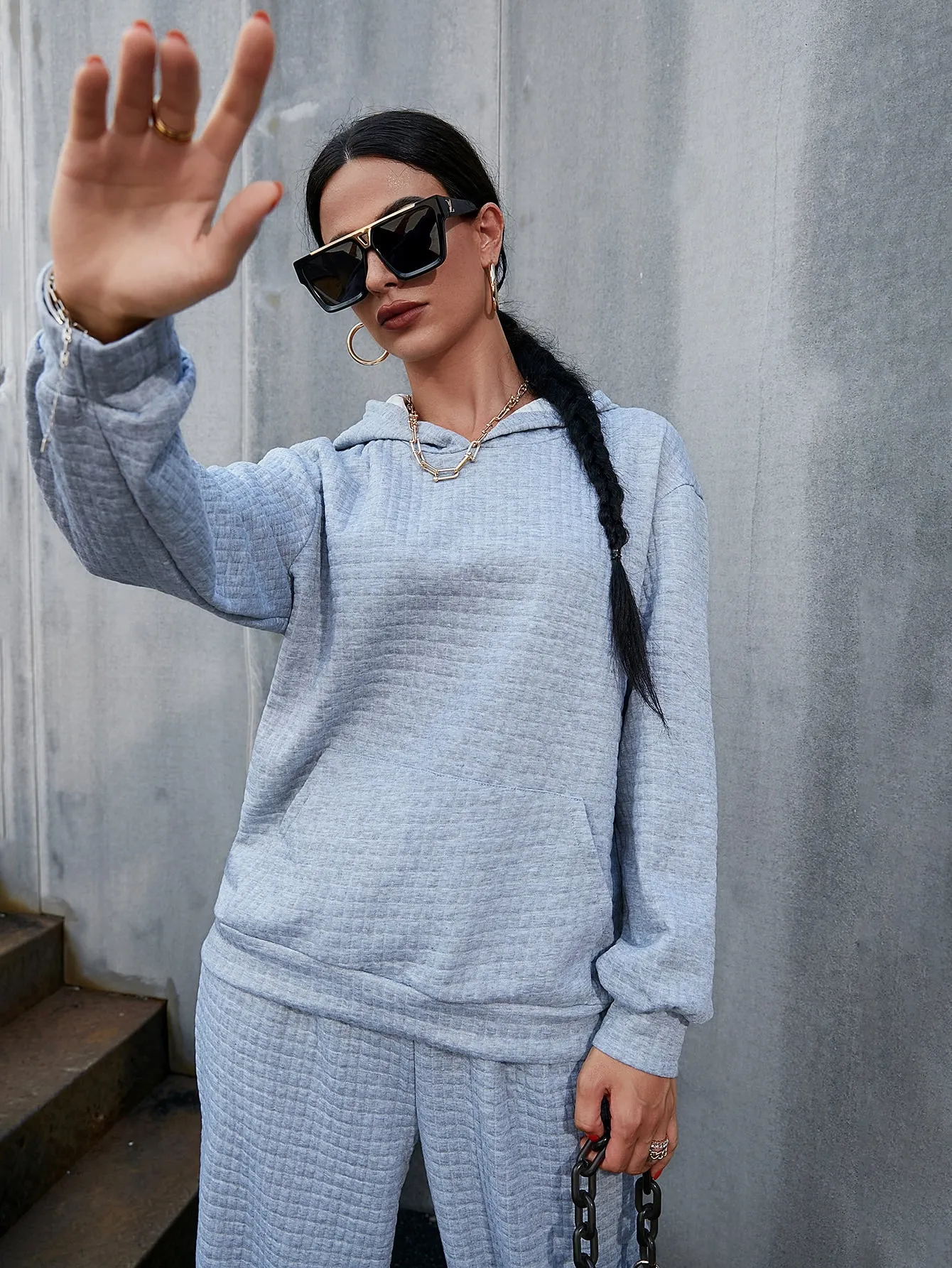 Casual Plain Long Sleeve Hooded Women Two-Piece Outfits