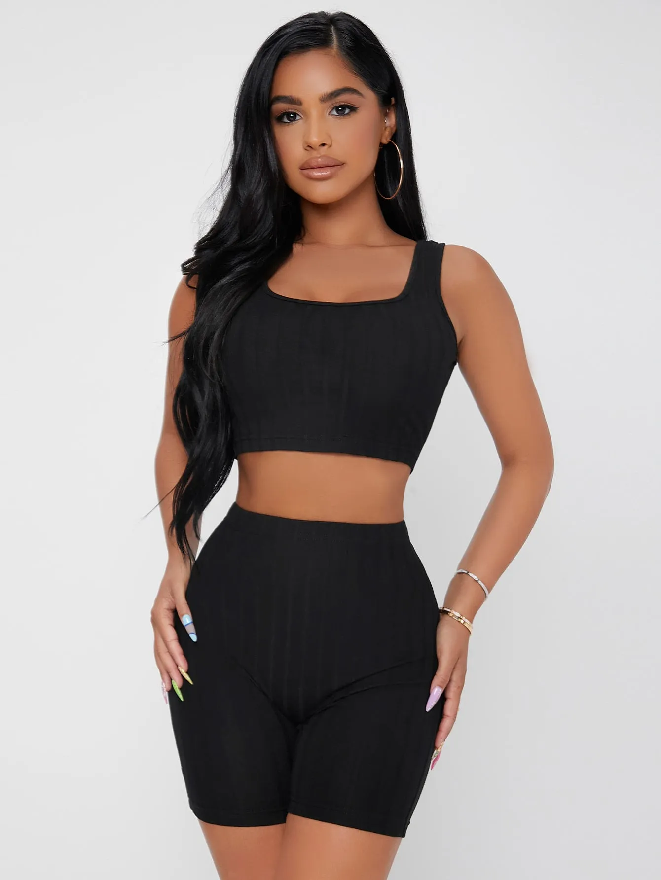 Casual Plain Rib-Knit Sleeveless Scoop Neck Womens Two-Piece Outfits