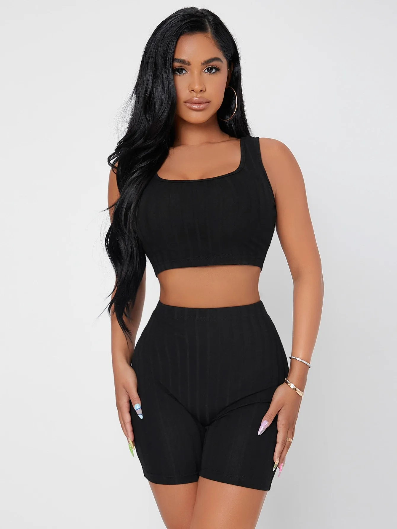 Casual Plain Rib-Knit Sleeveless Scoop Neck Womens Two-Piece Outfits