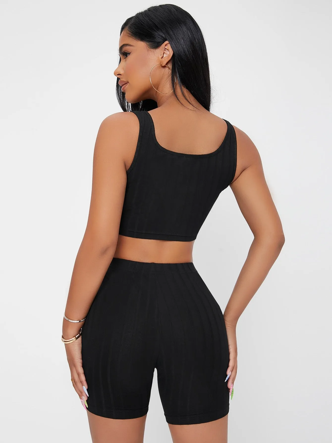 Casual Plain Rib-Knit Sleeveless Scoop Neck Womens Two-Piece Outfits