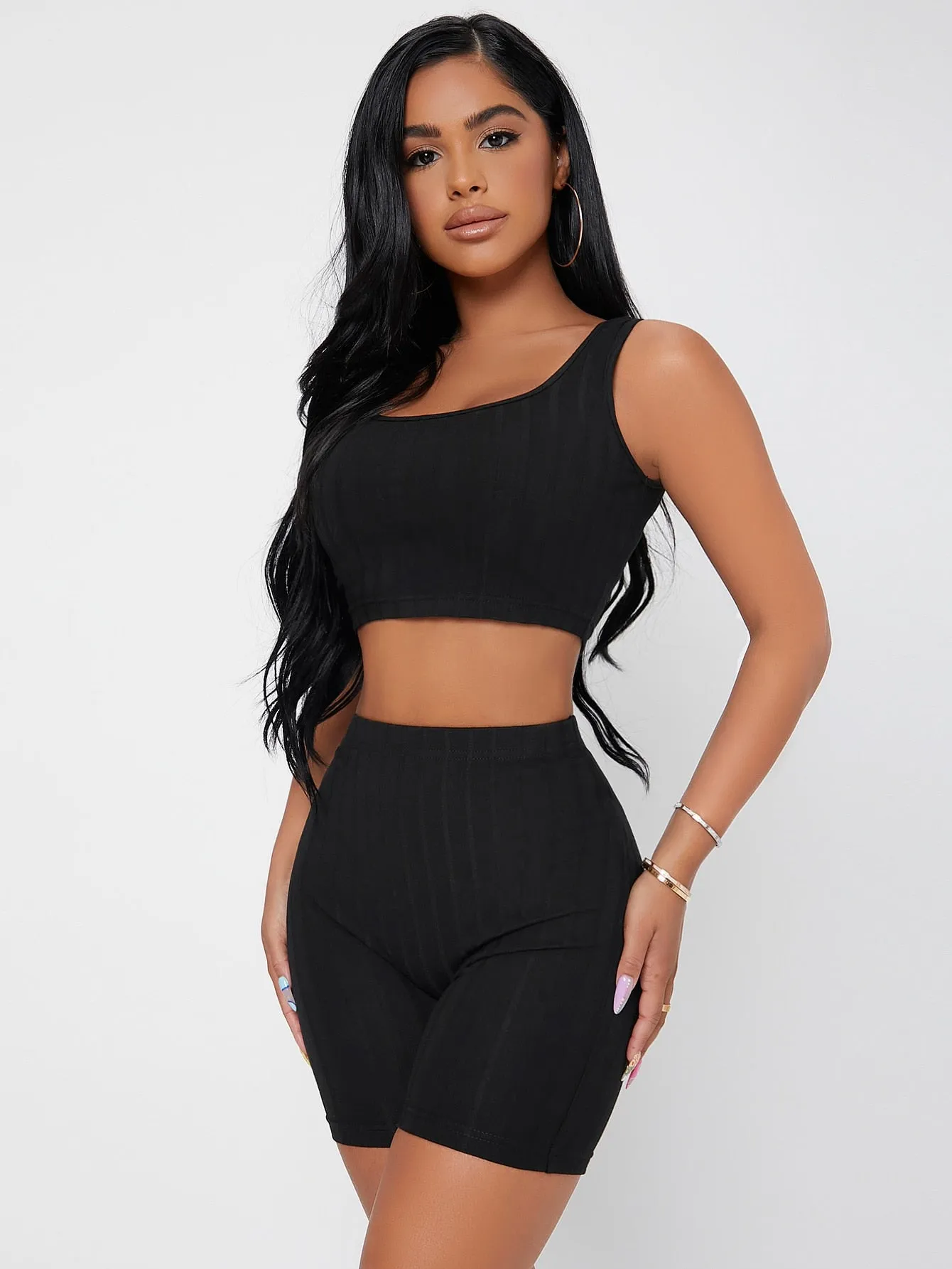 Casual Plain Rib-Knit Sleeveless Scoop Neck Womens Two-Piece Outfits