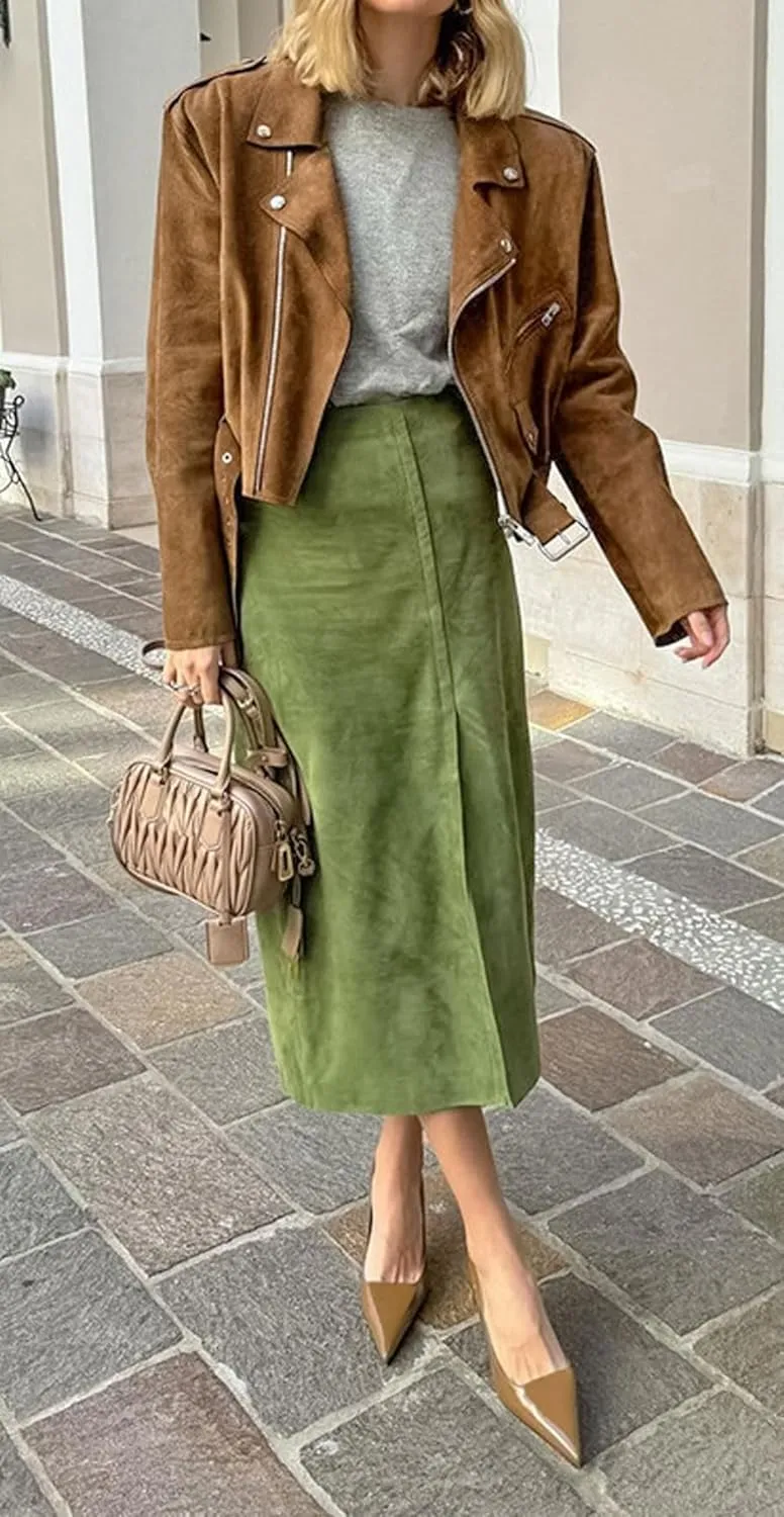CHARTOU Women Vintage Faux Suede Leather Back Slit Office Lady Dressy Pencil Long Skirt