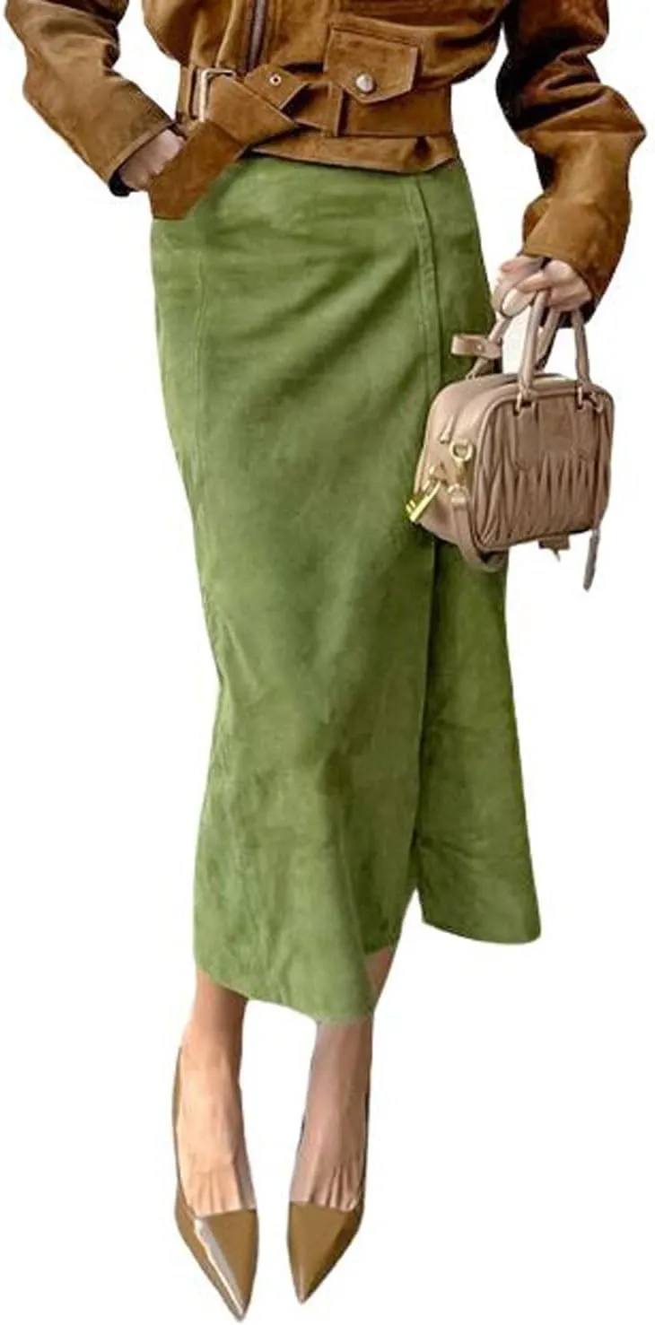 CHARTOU Women Vintage Faux Suede Leather Back Slit Office Lady Dressy Pencil Long Skirt