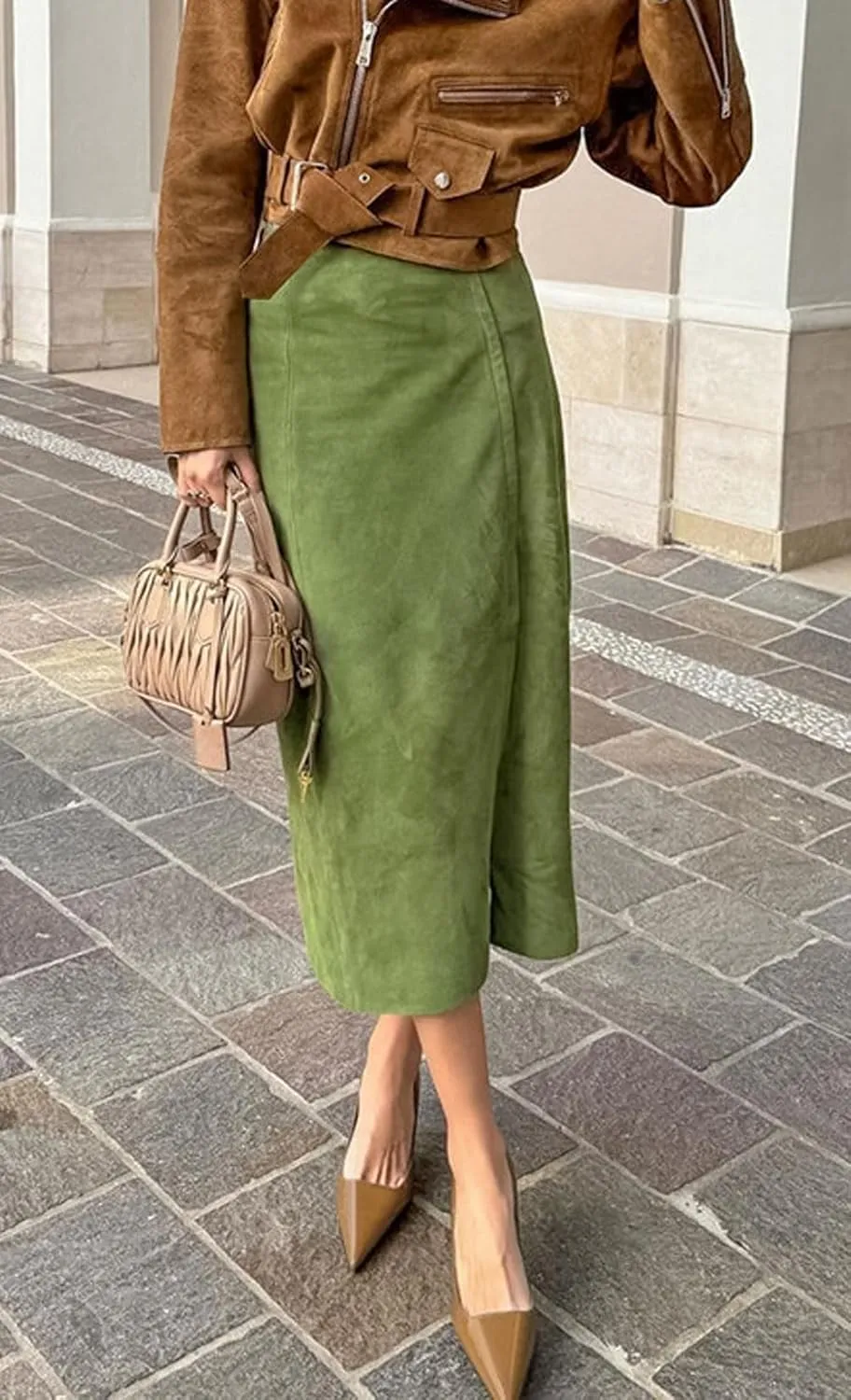 CHARTOU Women Vintage Faux Suede Leather Back Slit Office Lady Dressy Pencil Long Skirt