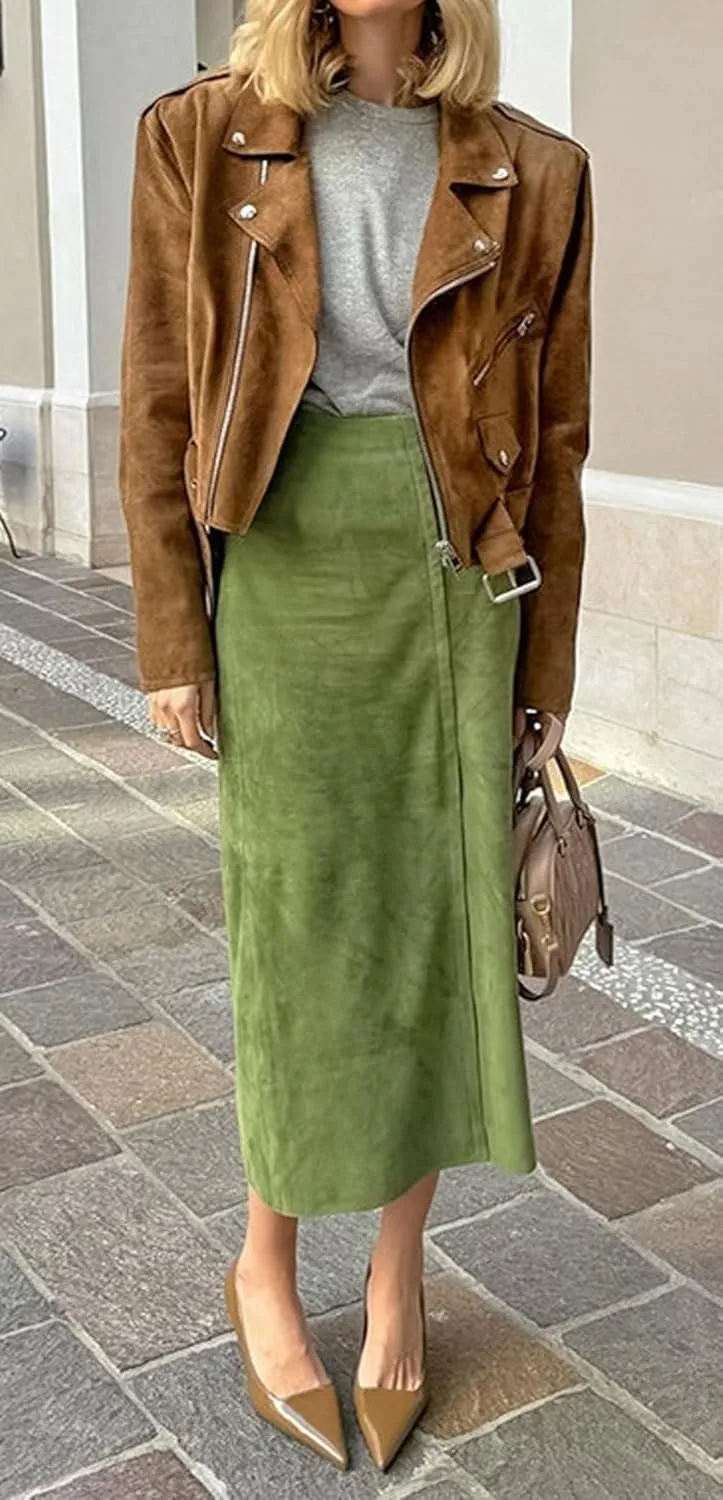 CHARTOU Women Vintage Faux Suede Leather Back Slit Office Lady Dressy Pencil Long Skirt