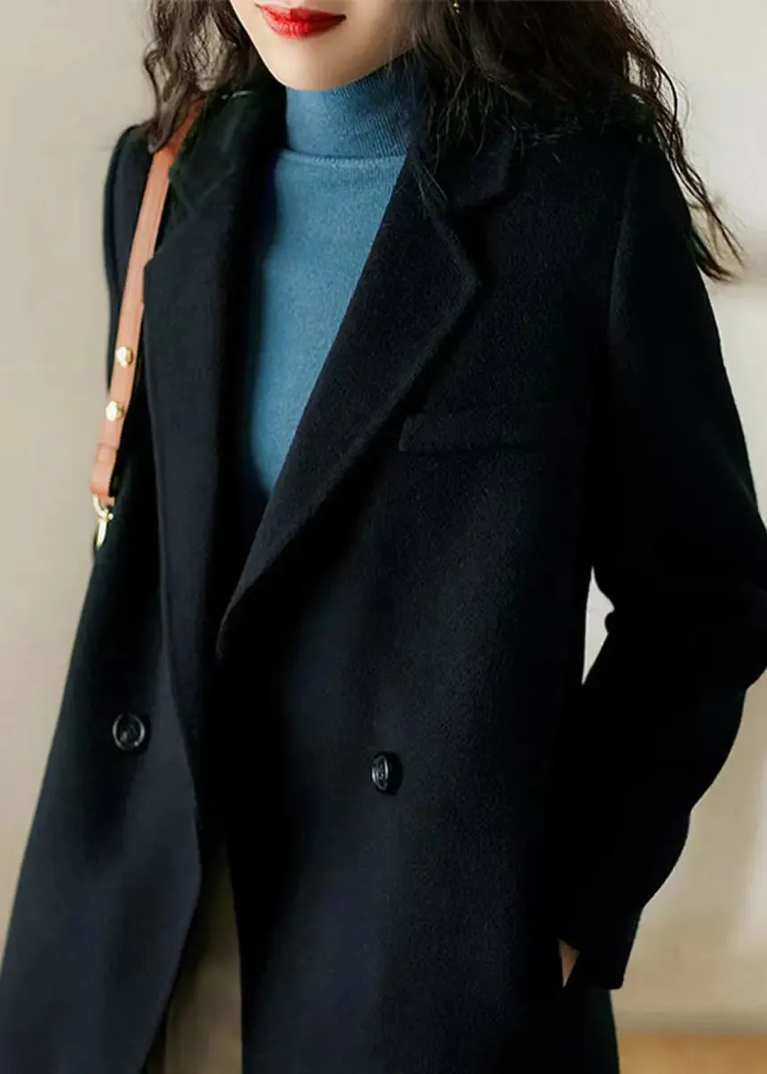 Chic Black Peter Pan Collar Pockets Patchwork Woolen Trench Winter ML1147