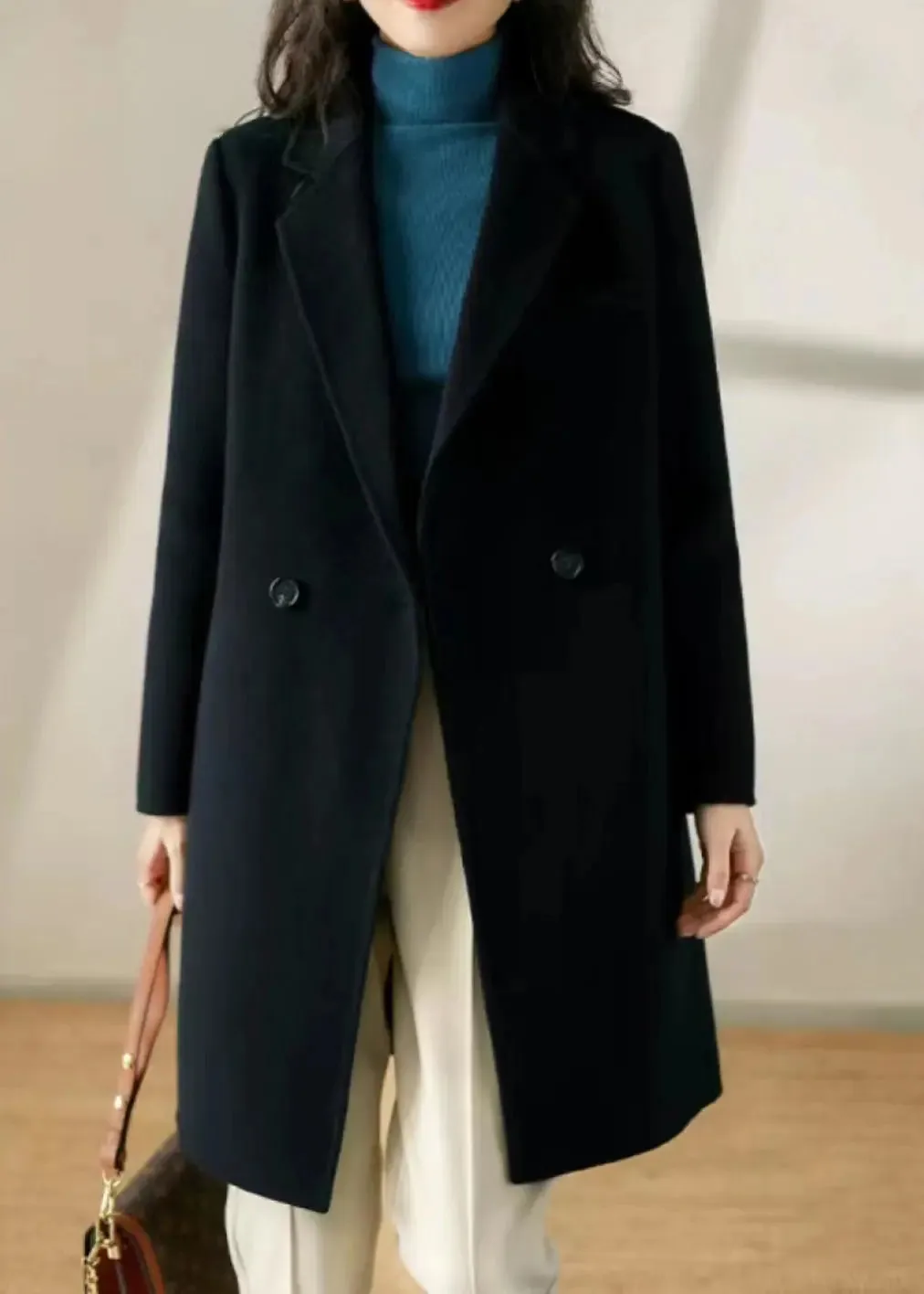 Chic Black Peter Pan Collar Pockets Patchwork Woolen Trench Winter ML1147