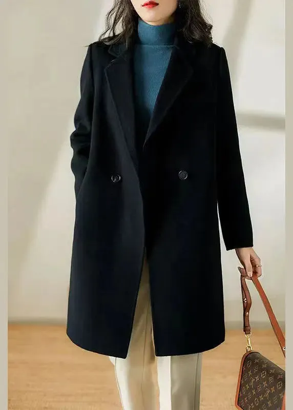 Chic Black Peter Pan Collar Pockets Patchwork Woolen Trench Winter ML1147