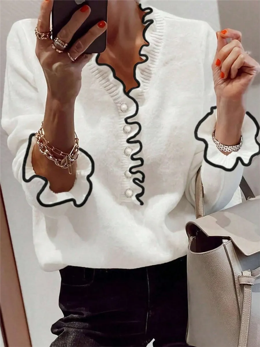 Chic Ruffled V-Neck Sweater with Pearl Buttons and Contrasting Details
